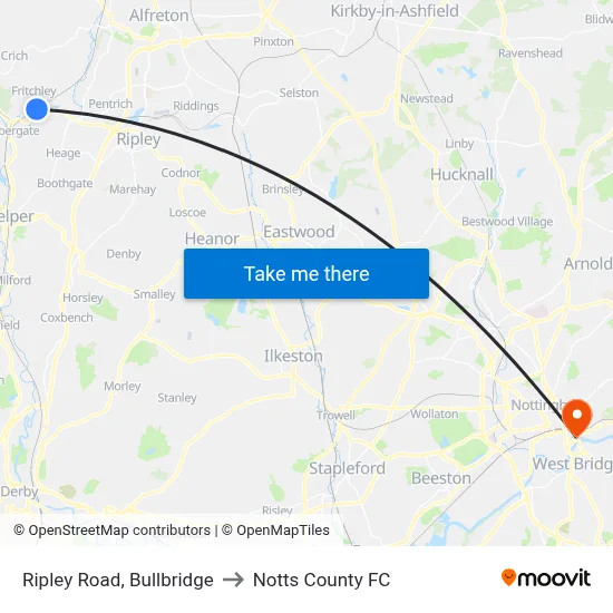 Ripley Road, Bullbridge to Notts County FC map