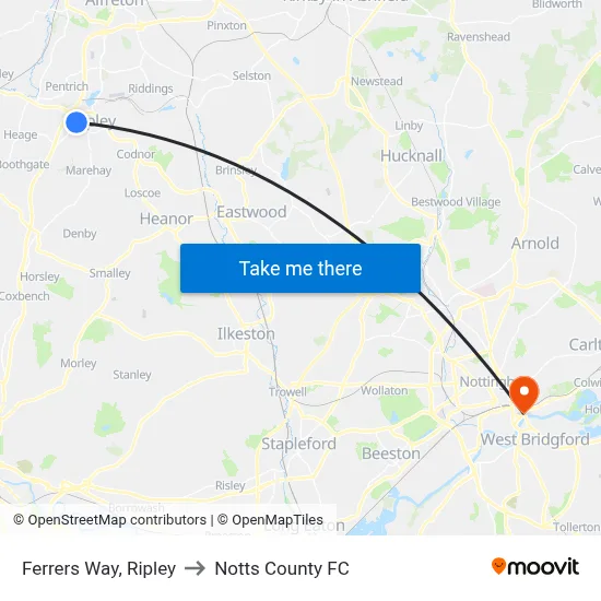 Ferrers Way, Ripley to Notts County FC map