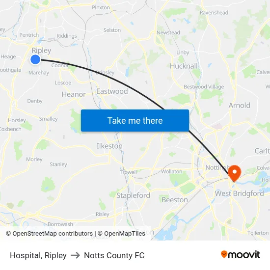 Hospital, Ripley to Notts County FC map