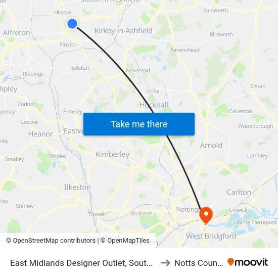 East Midlands Designer Outlet, South Normanton to Notts County FC map