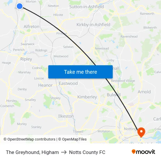 The Greyhound, Higham to Notts County FC map