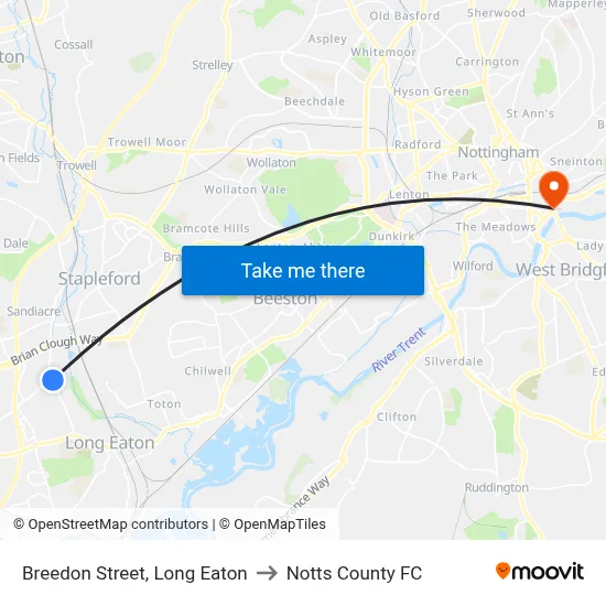 Breedon Street, Long Eaton to Notts County FC map