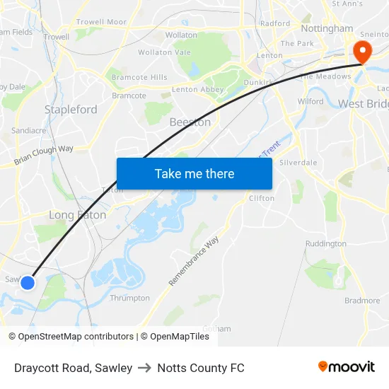 Draycott Road, Sawley to Notts County FC map