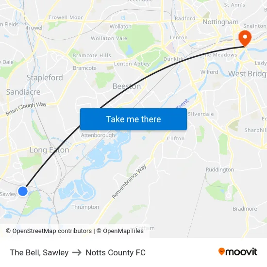 The Bell, Sawley to Notts County FC map