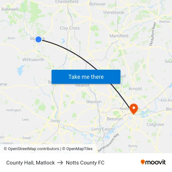 County Hall, Matlock to Notts County FC map