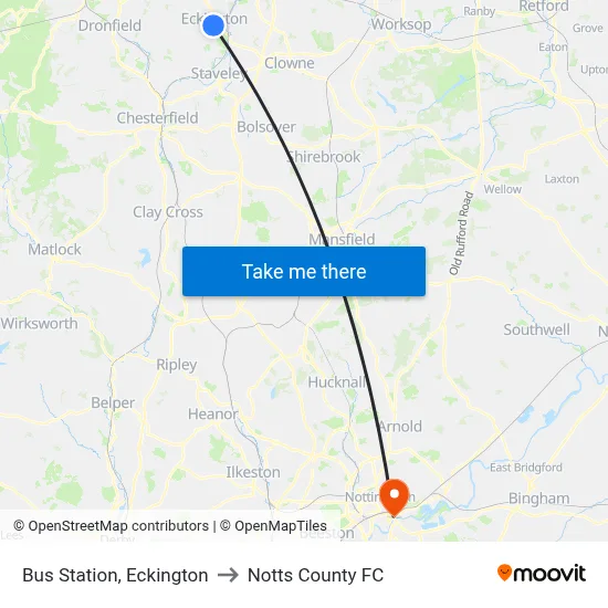 Bus Station, Eckington to Notts County FC map