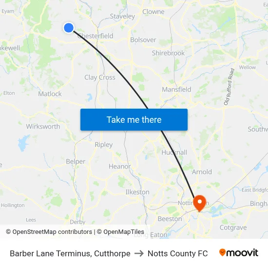 Barber Lane Terminus, Cutthorpe to Notts County FC map