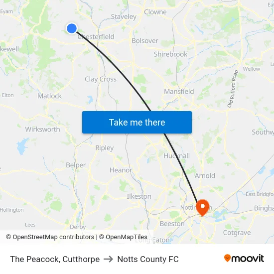 The Peacock, Cutthorpe to Notts County FC map