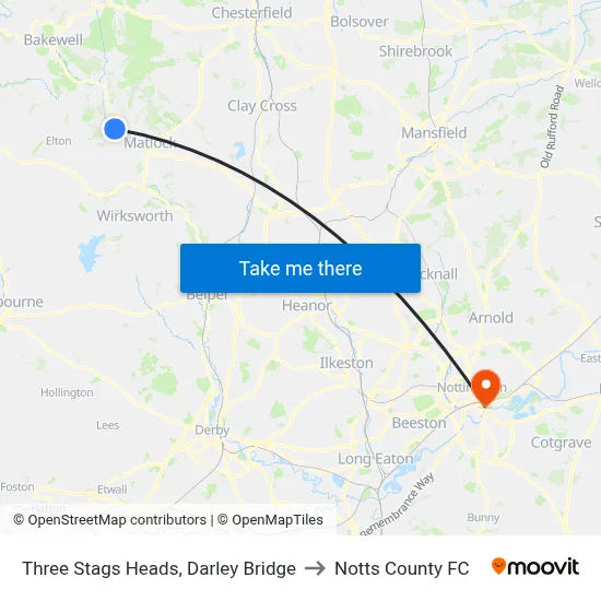 Three Stags Heads, Darley Bridge to Notts County FC map