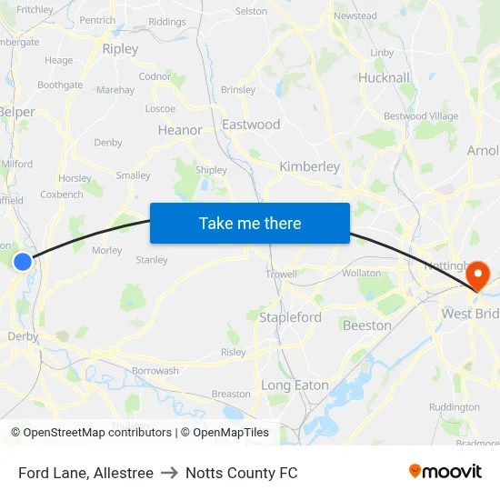 Ford Lane, Allestree to Notts County FC map