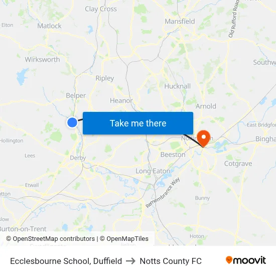 Ecclesbourne School, Duffield to Notts County FC map