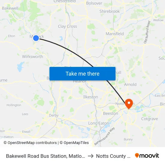 Bakewell Road Bus Station, Matlock to Notts County FC map
