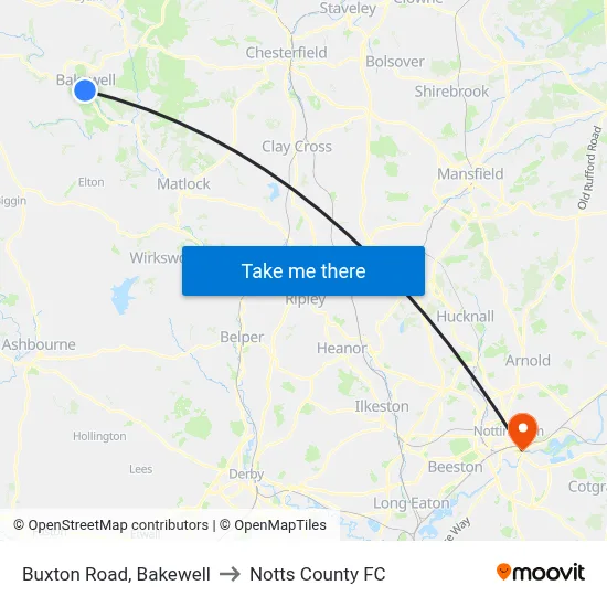 Buxton Road, Bakewell to Notts County FC map