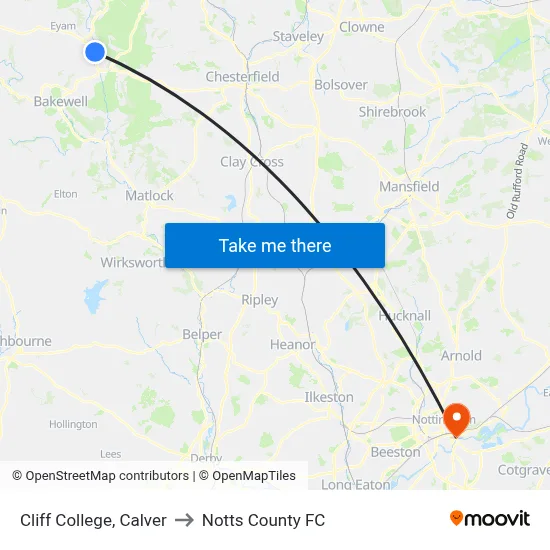 Cliff College, Calver to Notts County FC map