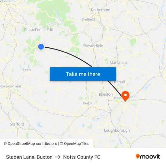 Staden Lane, Buxton to Notts County FC map