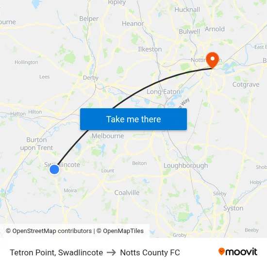 Tetron Point, Swadlincote to Notts County FC map