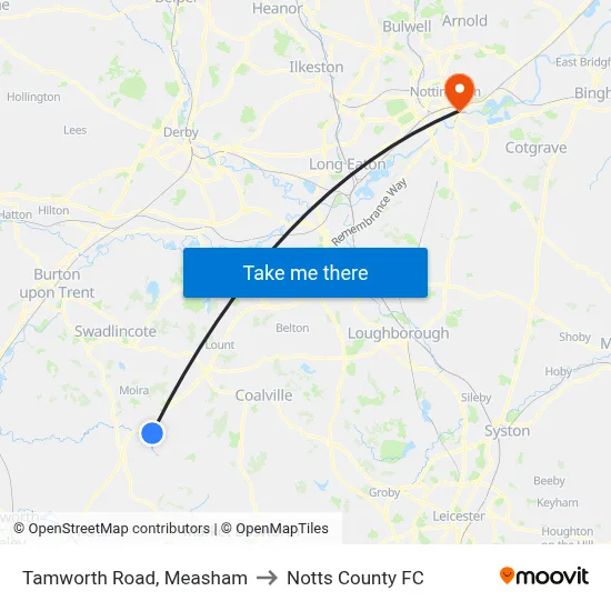Tamworth Road, Measham to Notts County FC map