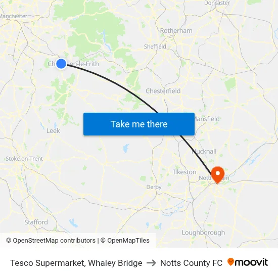 Tesco Supermarket, Whaley Bridge to Notts County FC map