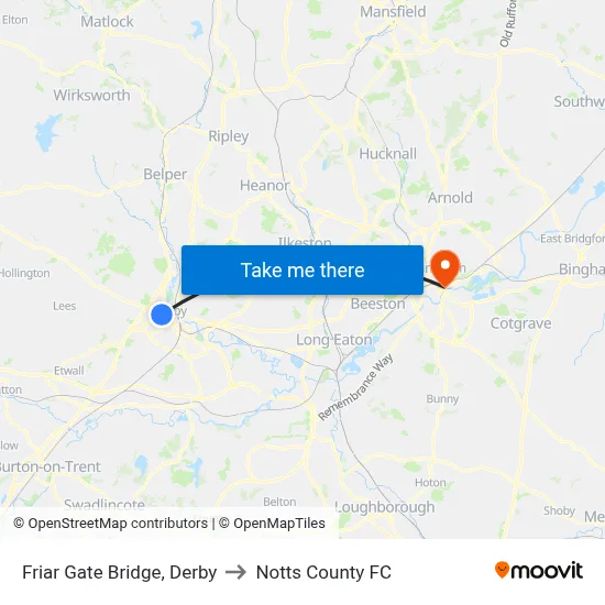 Friar Gate Bridge, Derby to Notts County FC map