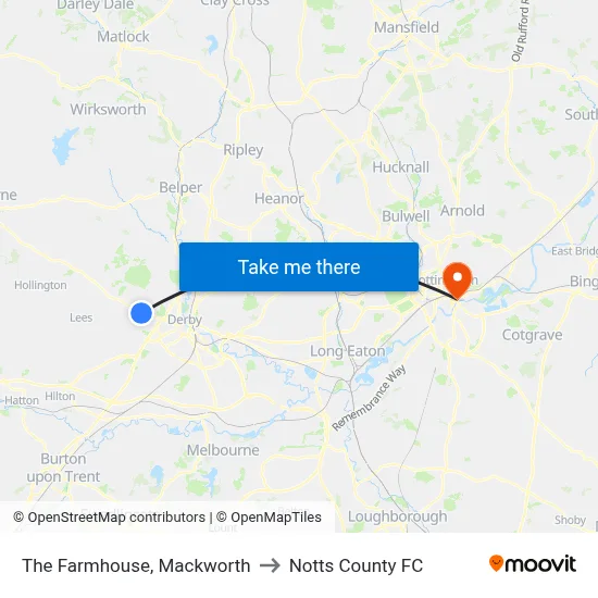 The Farmhouse, Mackworth to Notts County FC map
