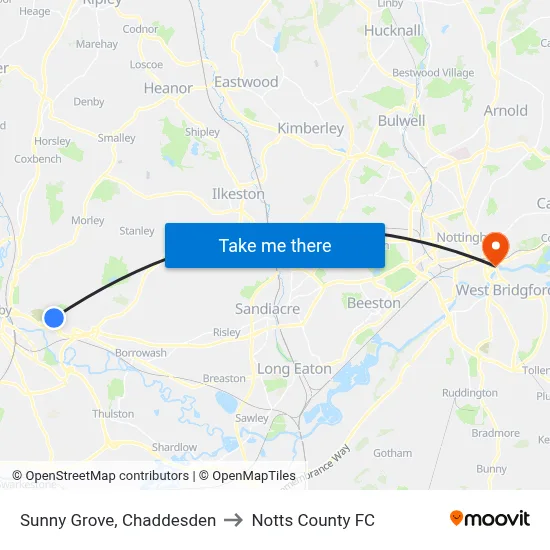 Sunny Grove, Chaddesden to Notts County FC map