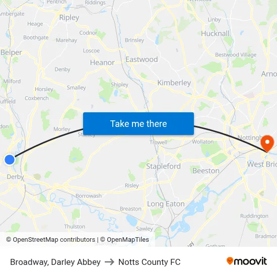 Broadway, Darley Abbey to Notts County FC map