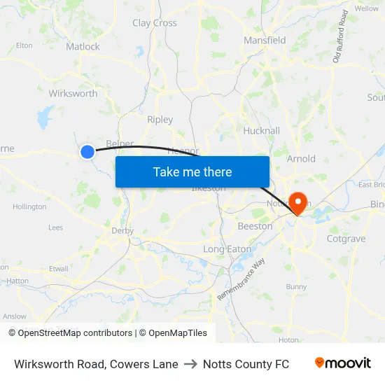 Wirksworth Road, Cowers Lane to Notts County FC map