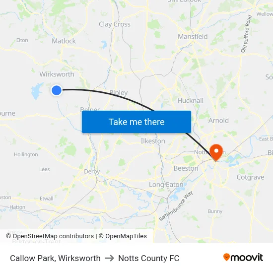 Callow Park, Wirksworth to Notts County FC map