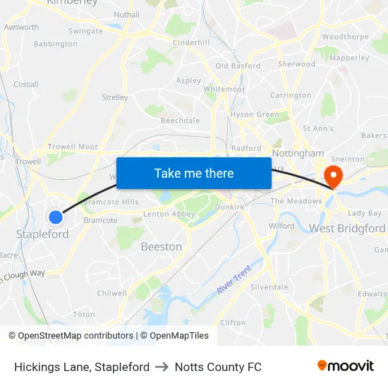 Hickings Lane, Stapleford to Notts County FC map