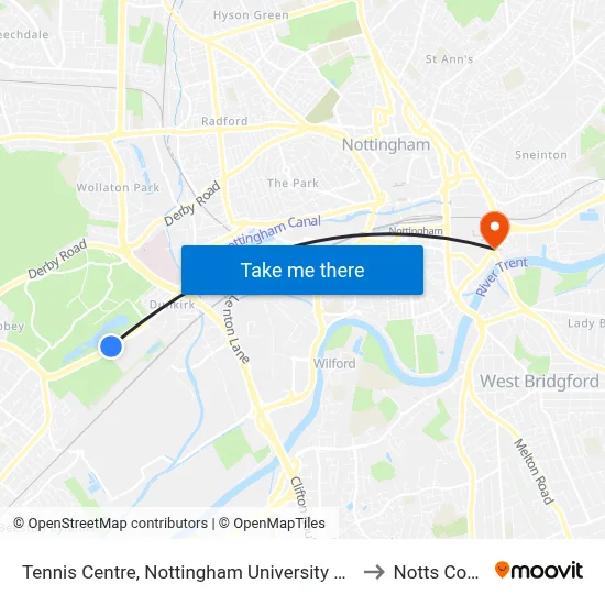 Tennis Centre, Nottingham University Main Campus (Un03) to Notts County FC map
