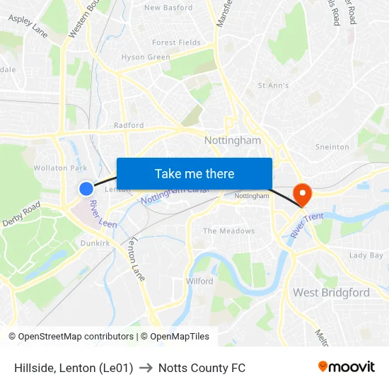 Hillside, Lenton (Le01) to Notts County FC map
