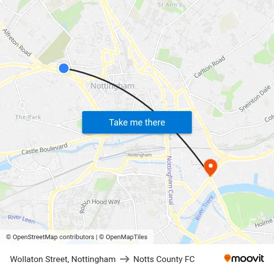 Wollaton Street, Nottingham to Notts County FC map