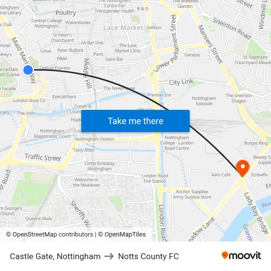 Castle Gate, Nottingham to Notts County FC map