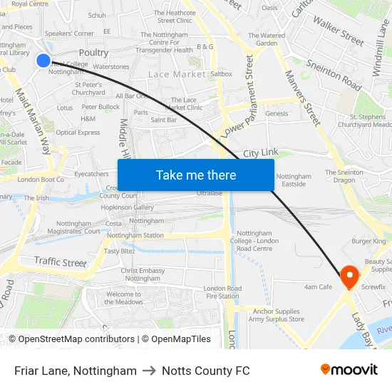 Friar Lane, Nottingham to Notts County FC map