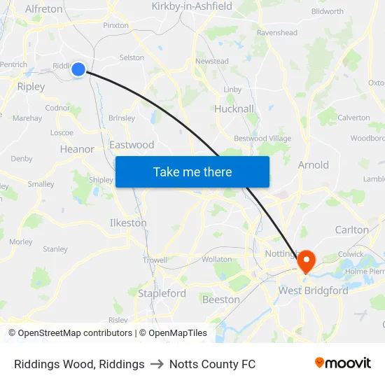 Riddings Wood, Riddings to Notts County FC map