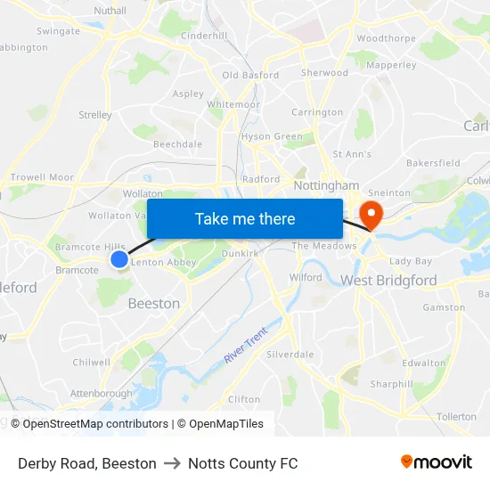 Derby Road, Beeston to Notts County FC map