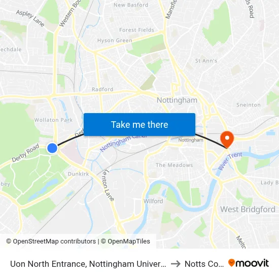 Uon North Entrance, Nottingham University Main Campus (Un14) to Notts County FC map