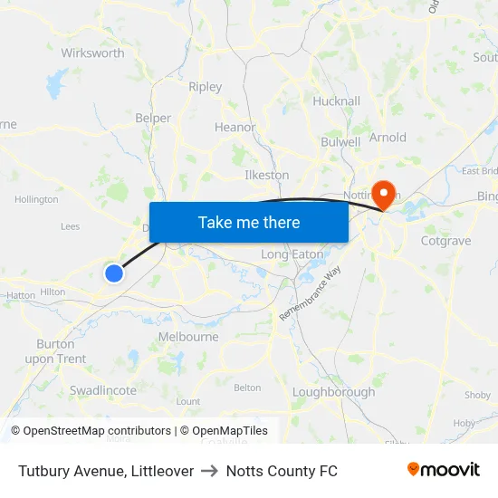 Tutbury Avenue, Littleover to Notts County FC map
