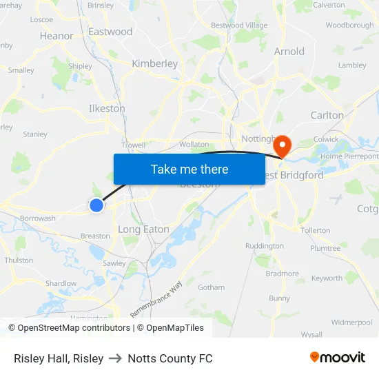 Risley Hall, Risley to Notts County FC map