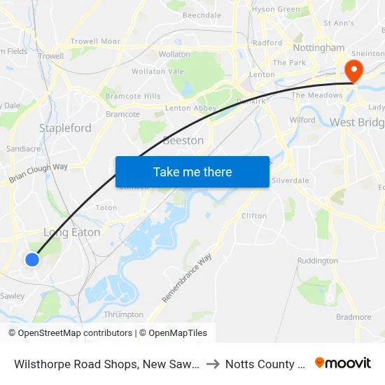 Wilsthorpe Road Shops, New Sawley to Notts County FC map