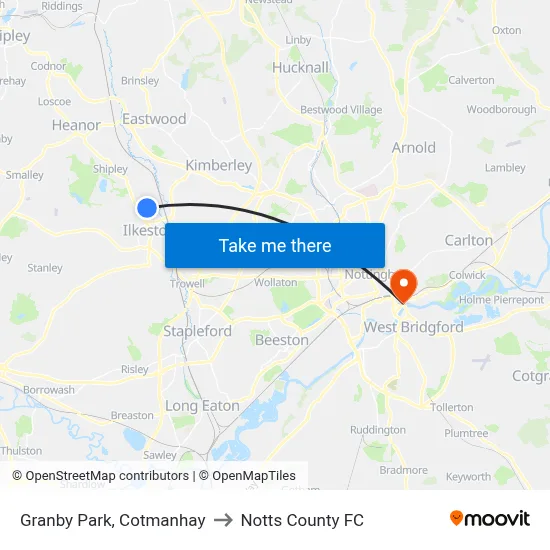 Granby Park, Cotmanhay to Notts County FC map