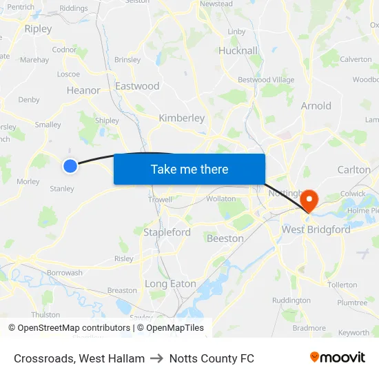 Crossroads, West Hallam to Notts County FC map