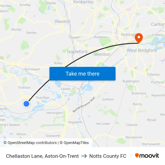 Chellaston Lane, Aston-On-Trent to Notts County FC map