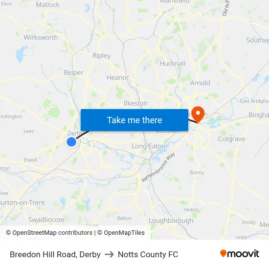 Breedon Hill Road, Derby to Notts County FC map