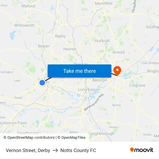 Vernon Street, Derby to Notts County FC map