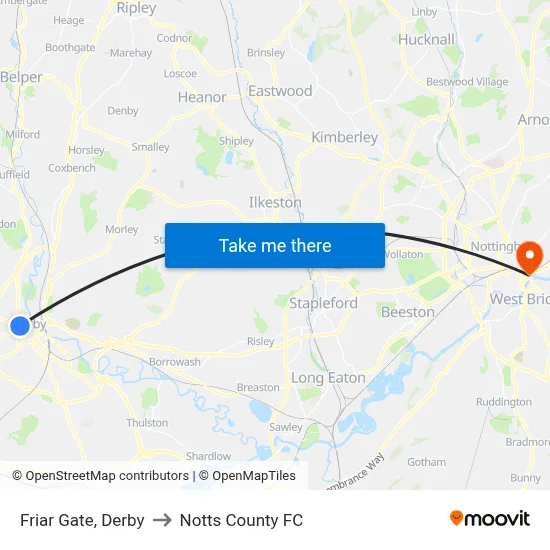 Friar Gate, Derby to Notts County FC map