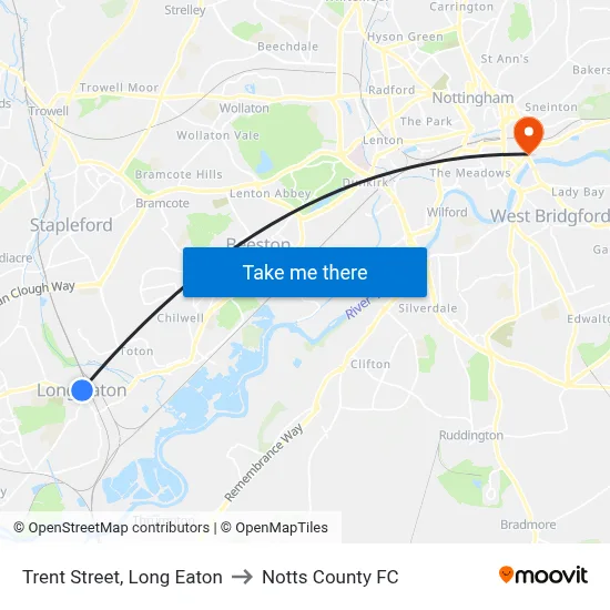 Trent Street, Long Eaton to Notts County FC map