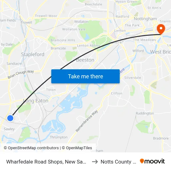 Wharfedale Road Shops, New Sawley to Notts County FC map