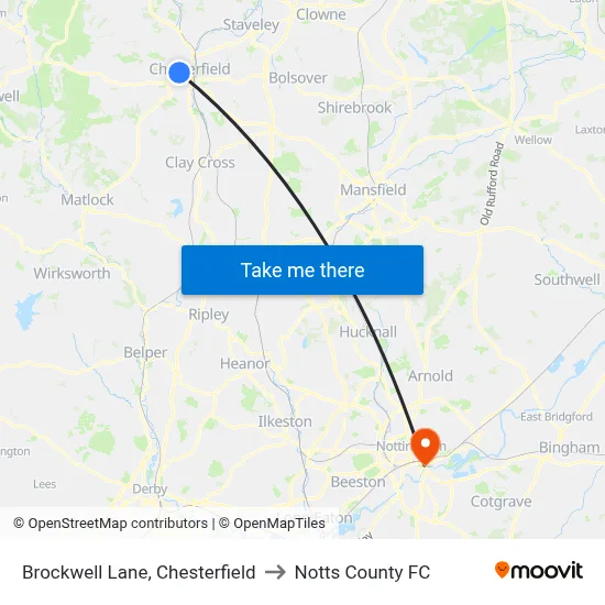 Brockwell Lane, Chesterfield to Notts County FC map