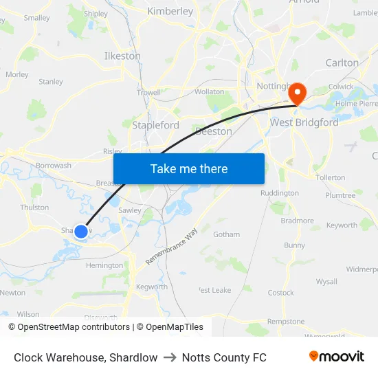 Clock Warehouse, Shardlow to Notts County FC map